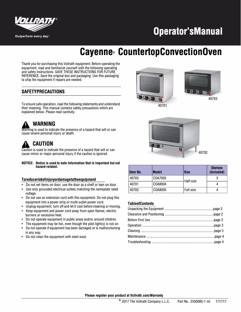Page 1 de la notice Manuel utilisateur Vollrath XCOA1023