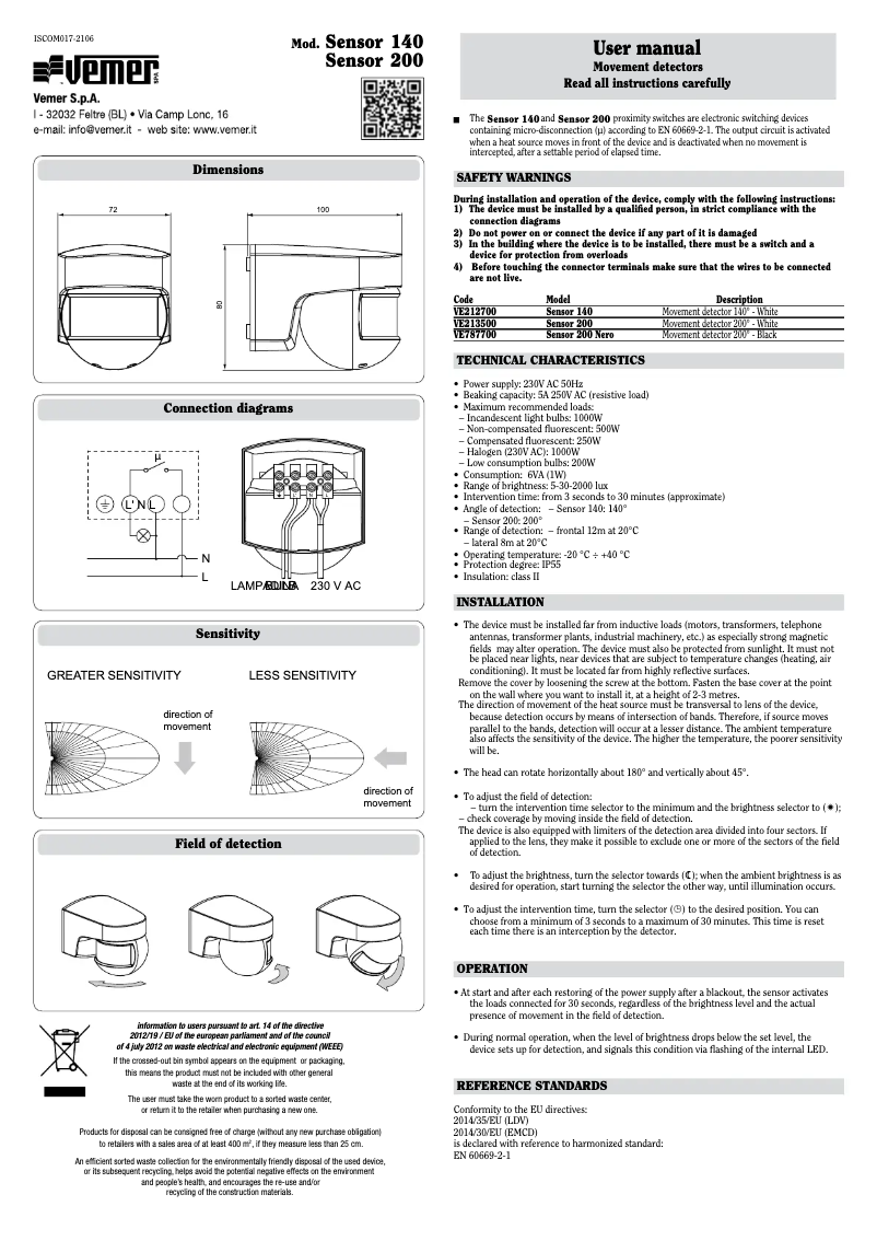 Page 1 de la notice Manuel utilisateur Vemer Sensor 140