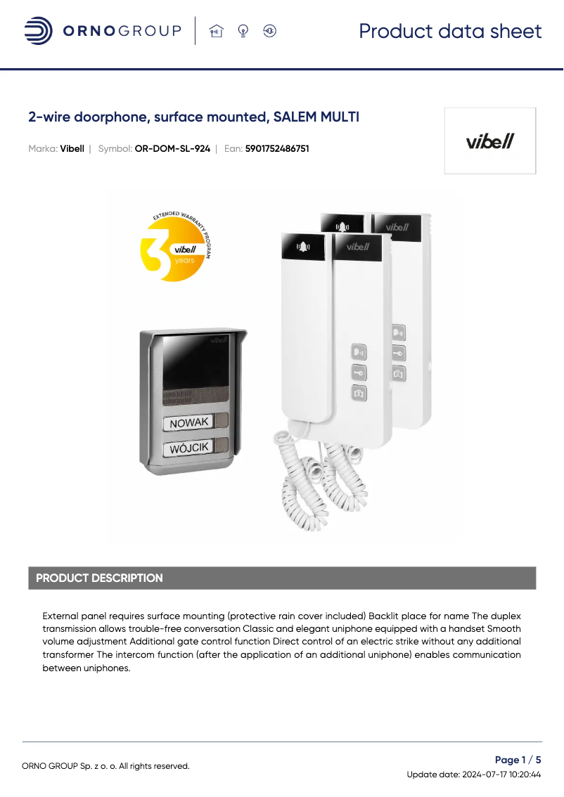 Page 1 de la notice Fiche technique ORNO OR-DOM-SL-924