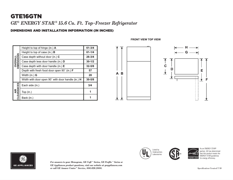 Page 1 de la notice Fiche technique GE GTE16GTNLWW
