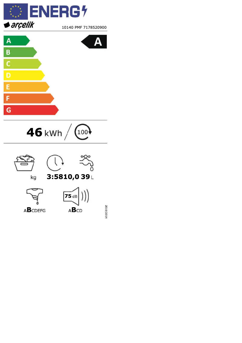 Page 1 of the manual Energy Label Arçelik 10140 PMF
