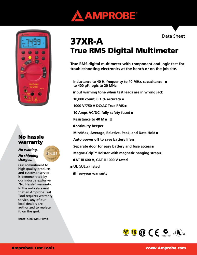 Page 1 of the manual Technical Sheet Amprobe 37XR-A