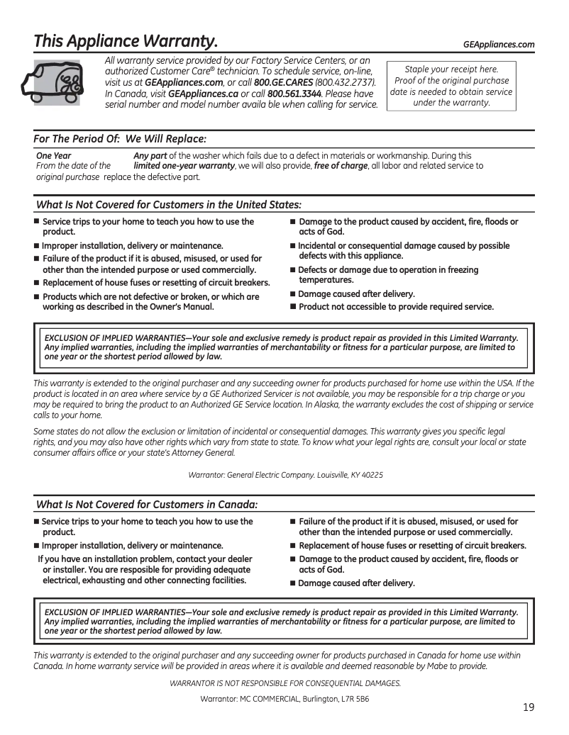 Page 1 of the manual Warranty Information GE GNW128PSMWW