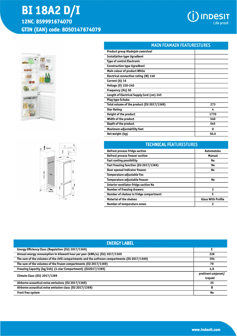 Page 1 de la notice Fiche technique Indesit B 18 A2 D/I