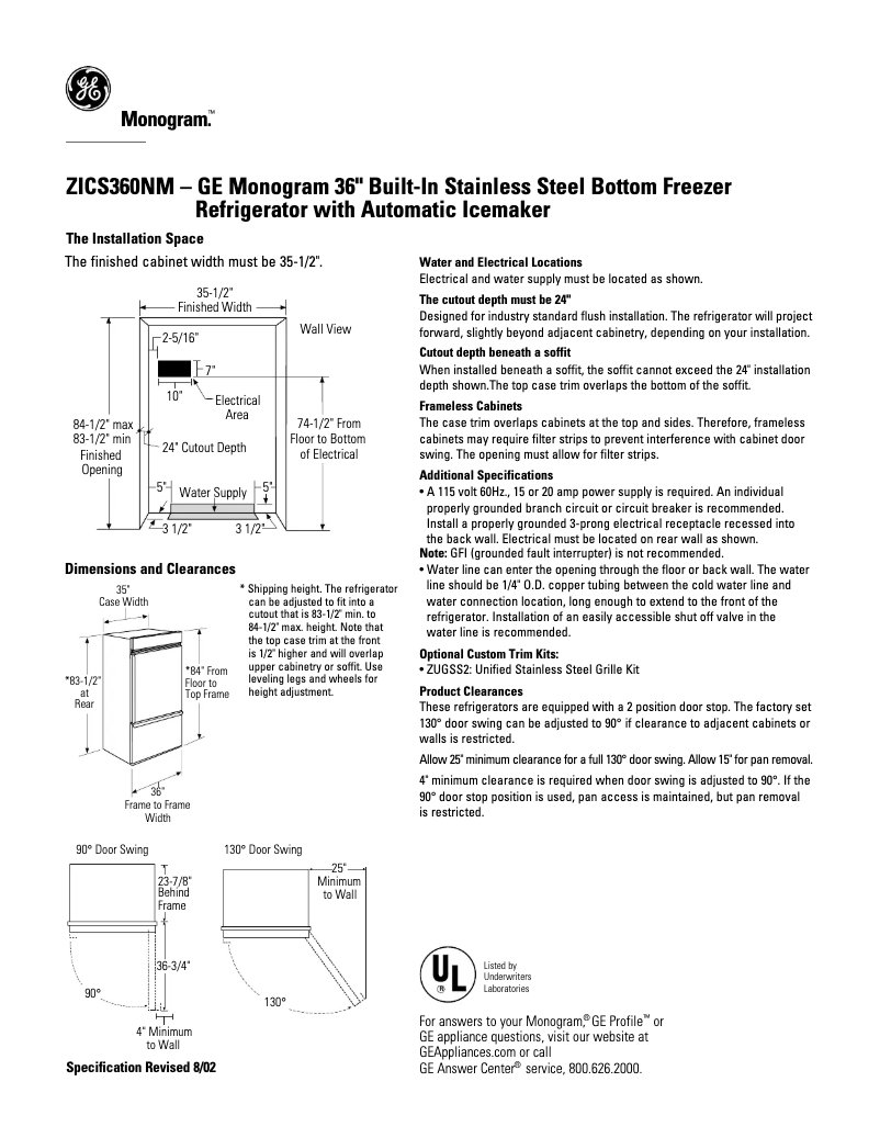 Page 1 de la notice Fiche technique GE ZICS360NMLH