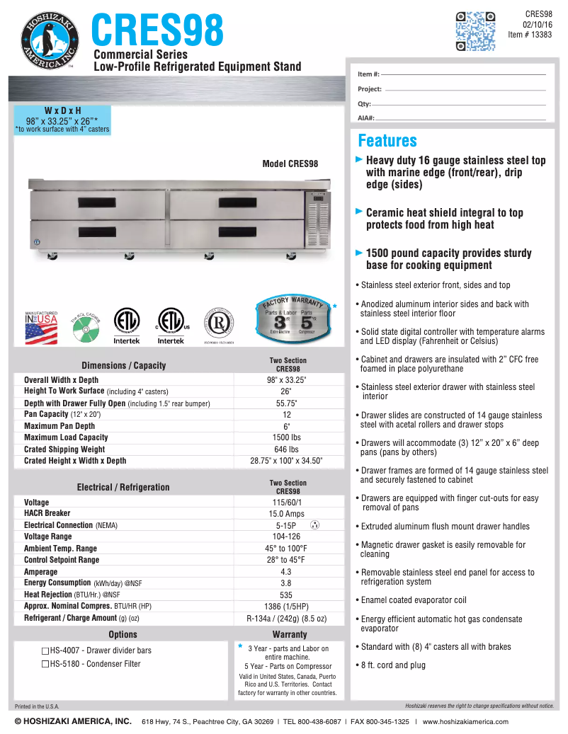 Page 1 de la notice Fiche technique Hoshizaki Commercial CRES98