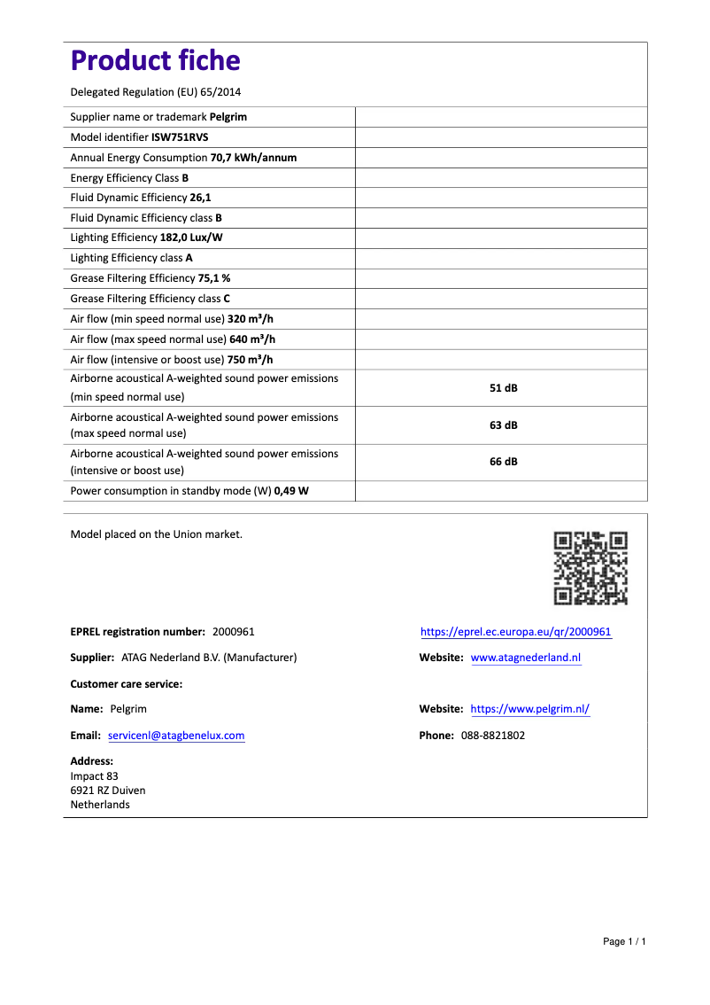 Page 1 de la notice Fiche technique Pelgrim ISW751RVS
