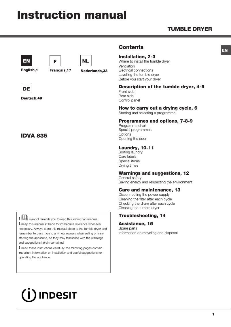 Page n°1 - Manuel utilisateur Indesit IDVA 835 EU