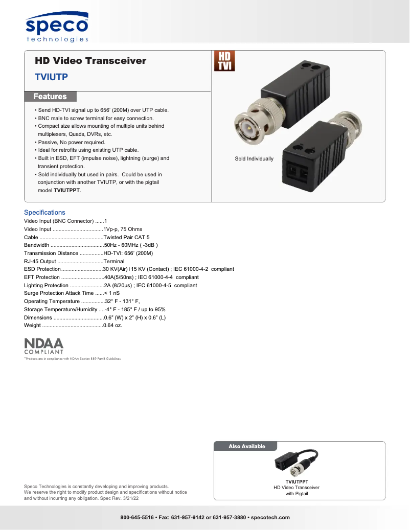 Page 1 of the manual Technical Sheet Speco Technologies TVIUTP