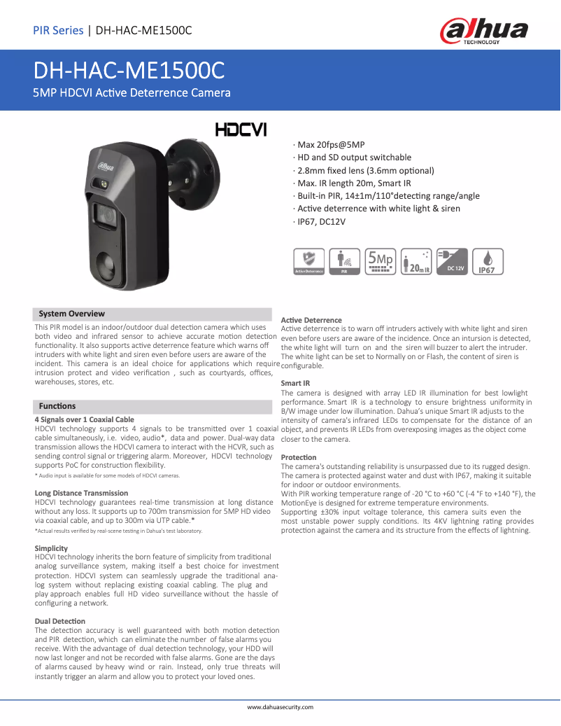 Page 1 de la notice Fiche technique Dahua Technology HAC-ME1500C
