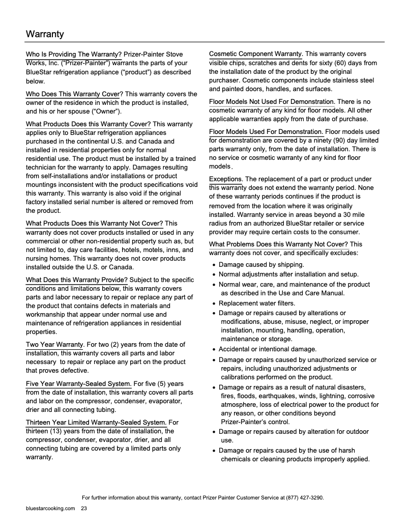 Page 1 de la notice Informations de garantie BlueStar BIR24L0