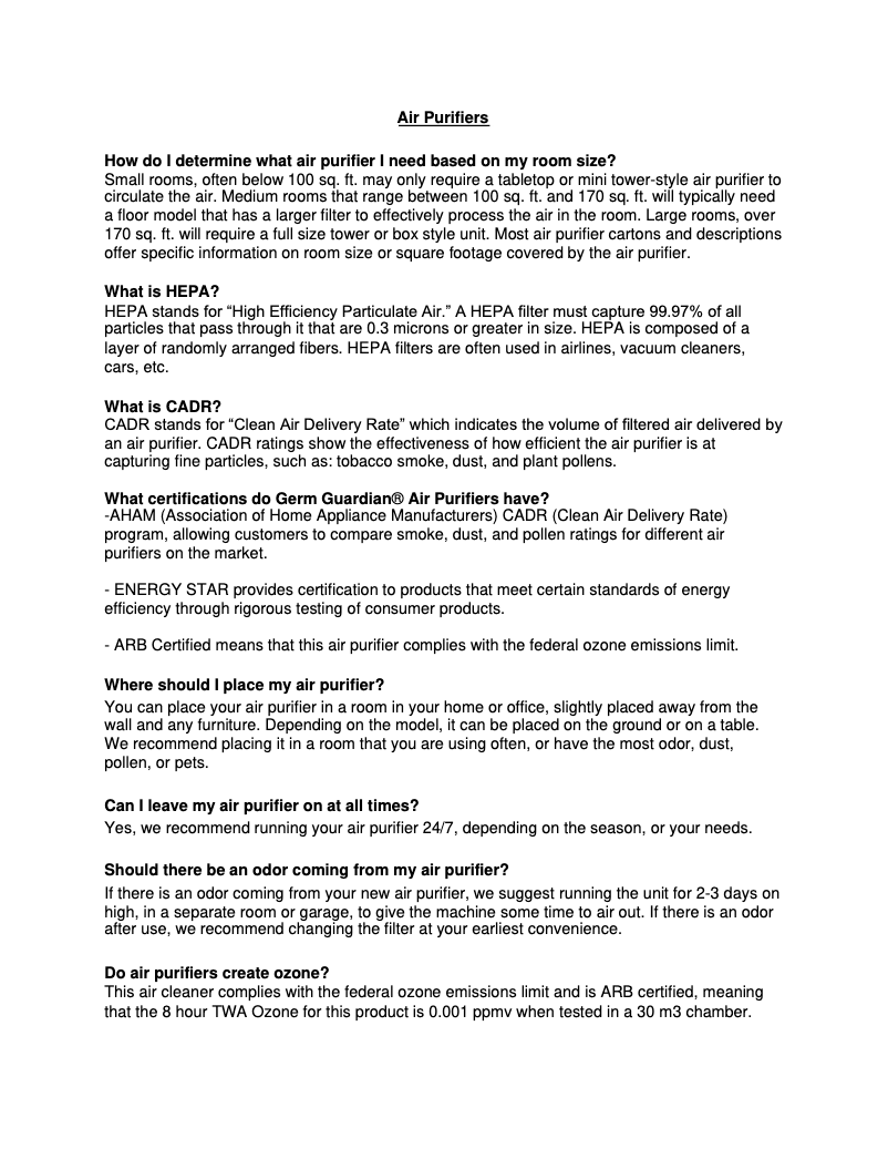 Page 1 de la notice FAQ PureGuardian DH201