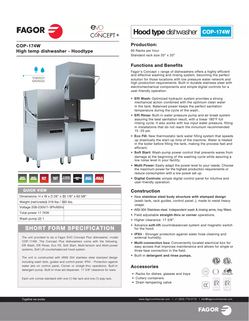 Page 1 de la notice Manuel d'utilisation et d'entretien Fagor COP-174W
