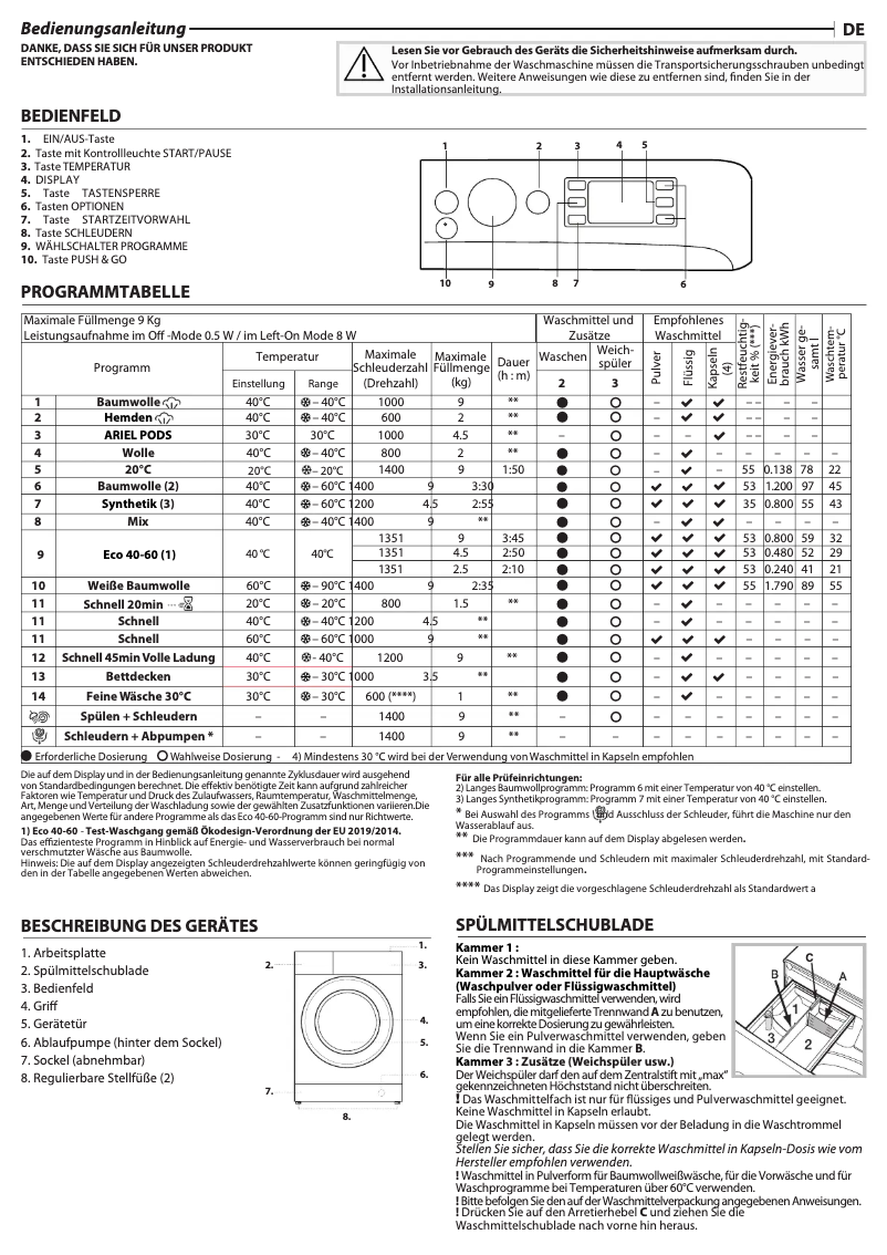 Page 1 de la notice Manuel utilisateur Privileg PWFV X 953 A