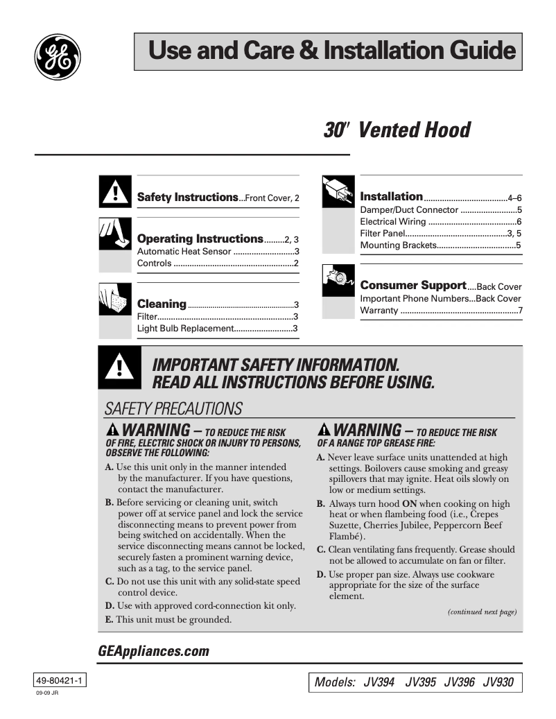 Page 1 of the manual Installation Guide GE Profile JV395SWW