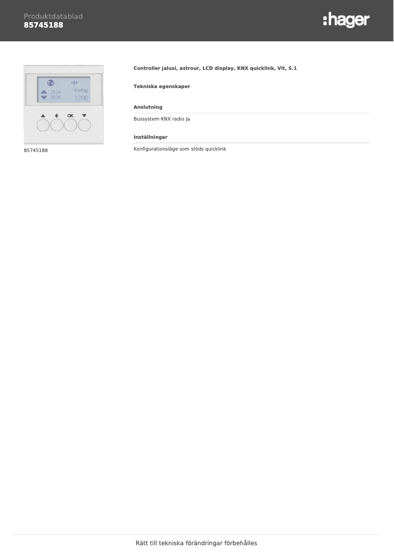 Page 1 de la notice Fiche technique Hager 85745188