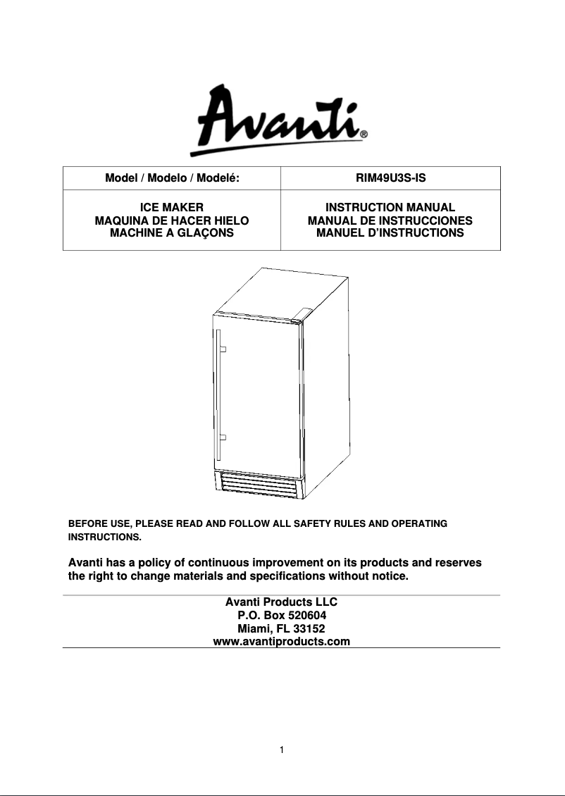 Page 1 de la notice Manuel utilisateur Avanti RIM49U3S-IS