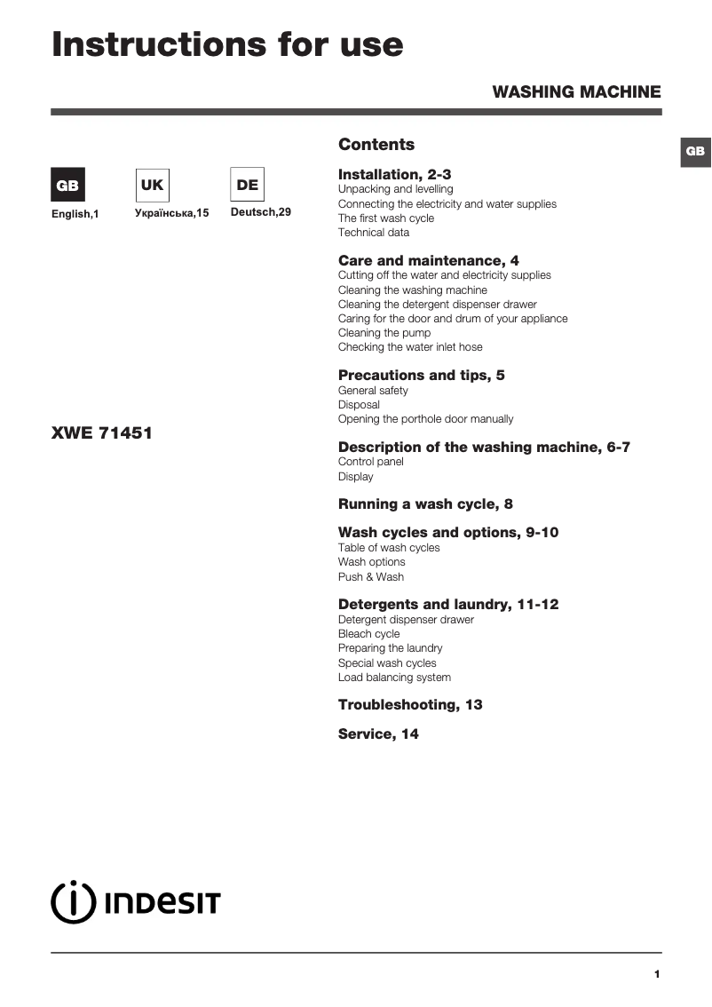 Página 1 del manual Manual de usuario Indesit XWE 71451