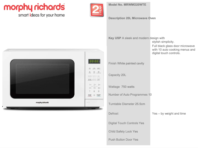 Página 1 del manual Ficha técnica Morphy Richards MRMWO20WTE