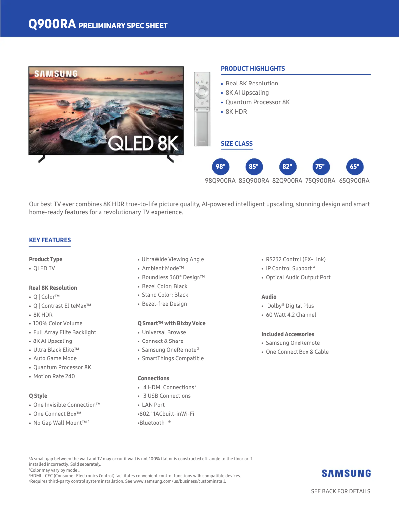 Page 1 de la notice Fiche technique Samsung QN98Q900RBFXZA
