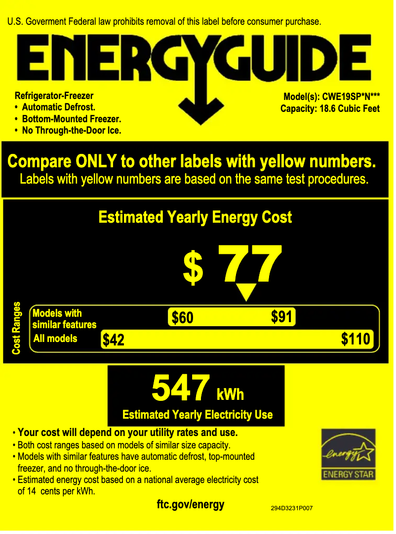 Page n°1 - Label énergétique GE CWE19SP2NS1