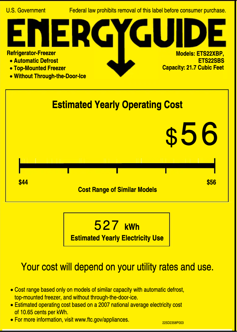 Page 1 de la notice Label énergétique GE ETS22XBPBB