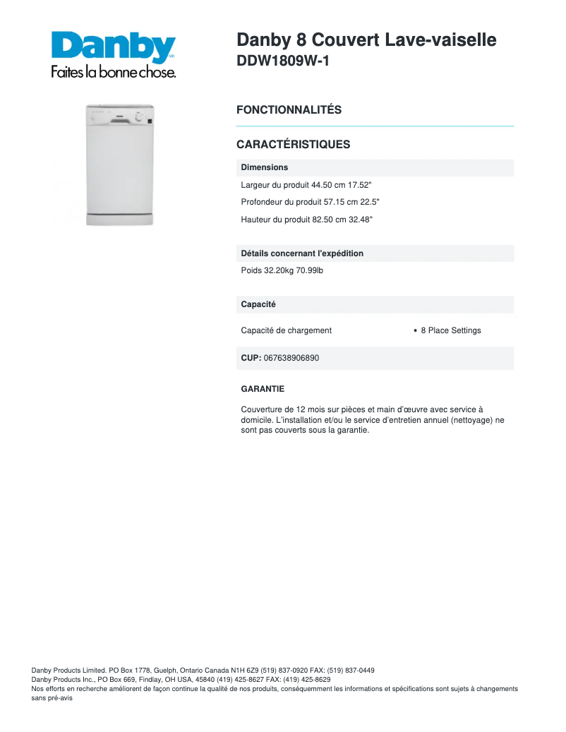 Page 1 de la notice Fiche technique Danby DDW1809W-1