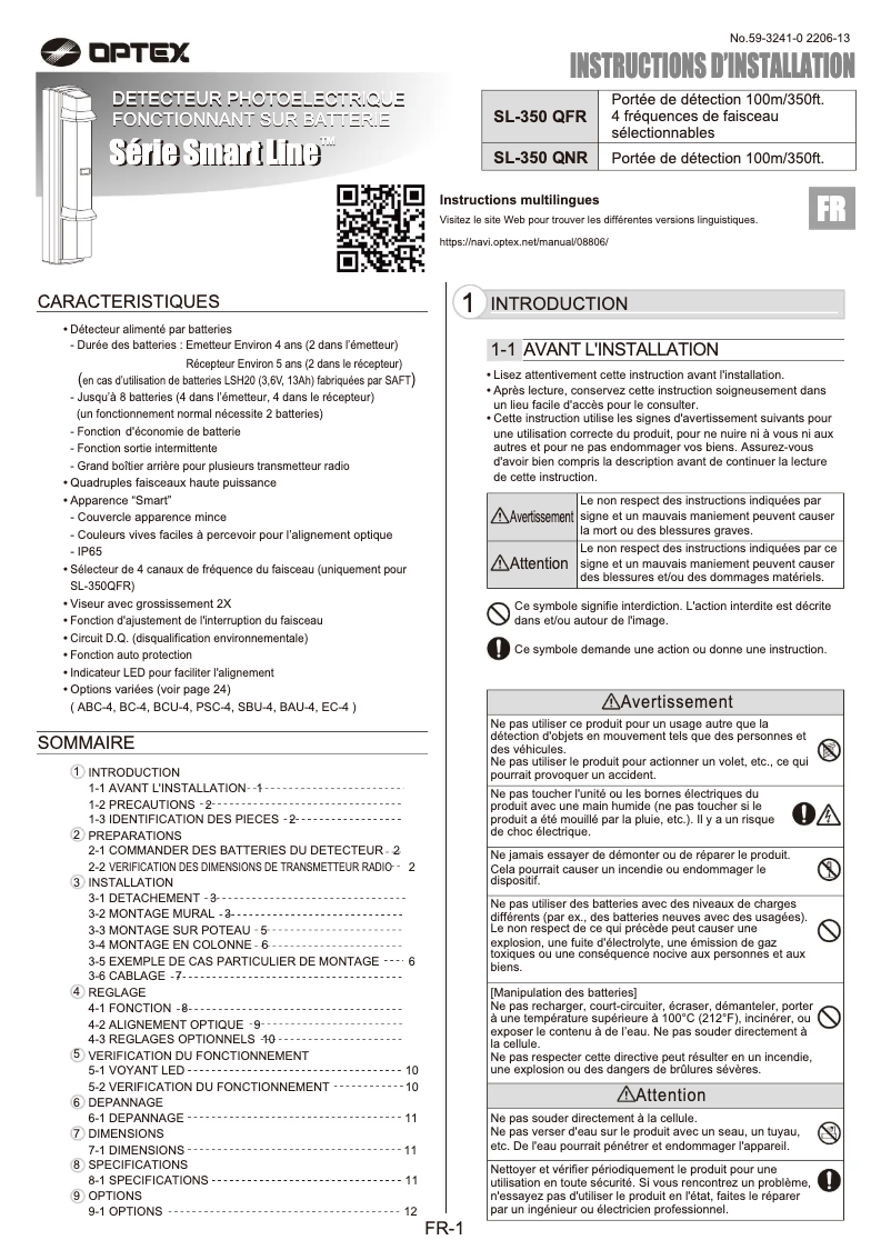 Page 1 de la notice Manuel utilisateur Optex SL-350QNR
