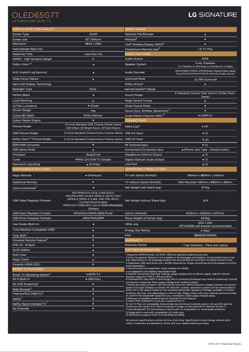 Page 1 de la notice Fiche technique LG OLED65G7T