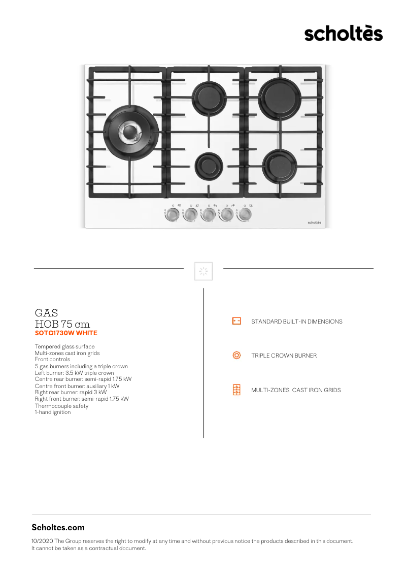 Page 1 de la notice Fiche technique Scholtès SOTG1730W