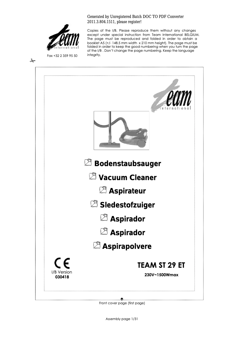 Page 1 de la notice Manuel utilisateur Team ST 29 ET