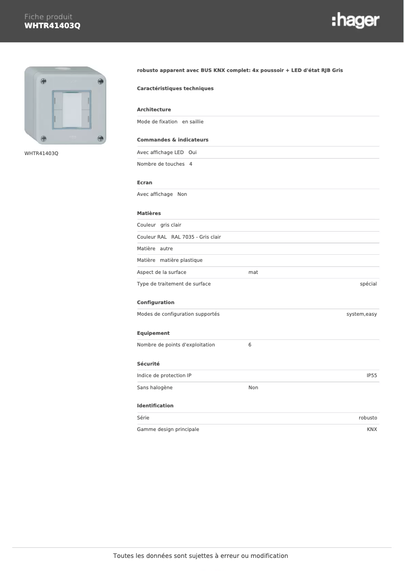 Page 1 de la notice Fiche technique Hager WHTR41403Q