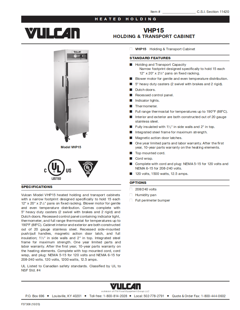 Page 1 de la notice Fiche technique Vulcan VHP15