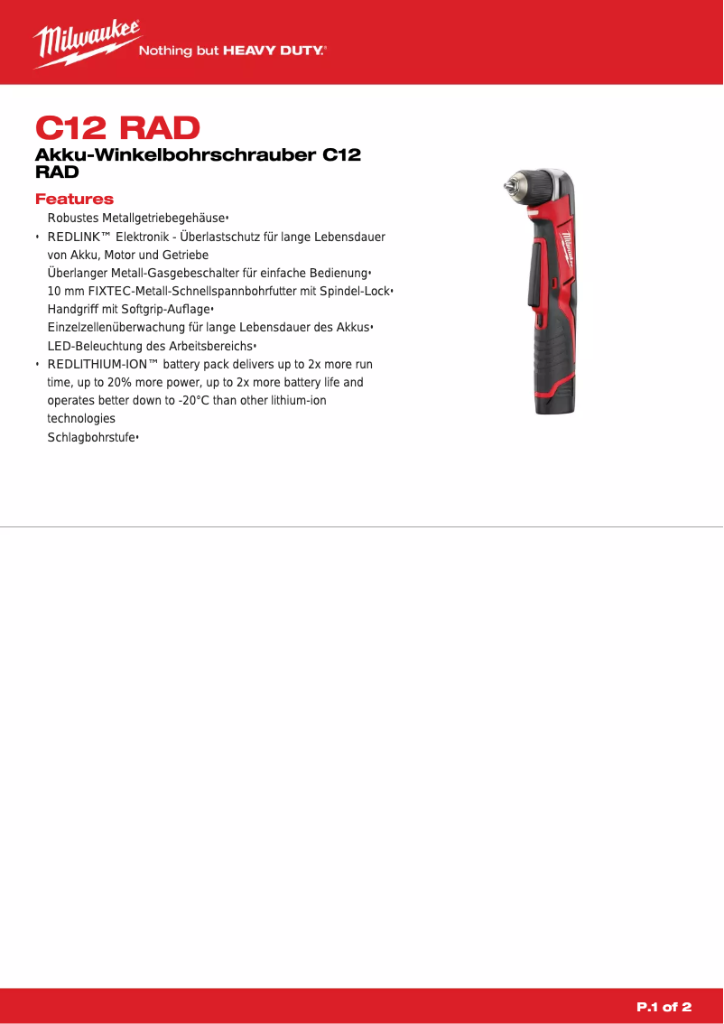 Page 1 de la notice Fiche technique Milwaukee C 12 RAD