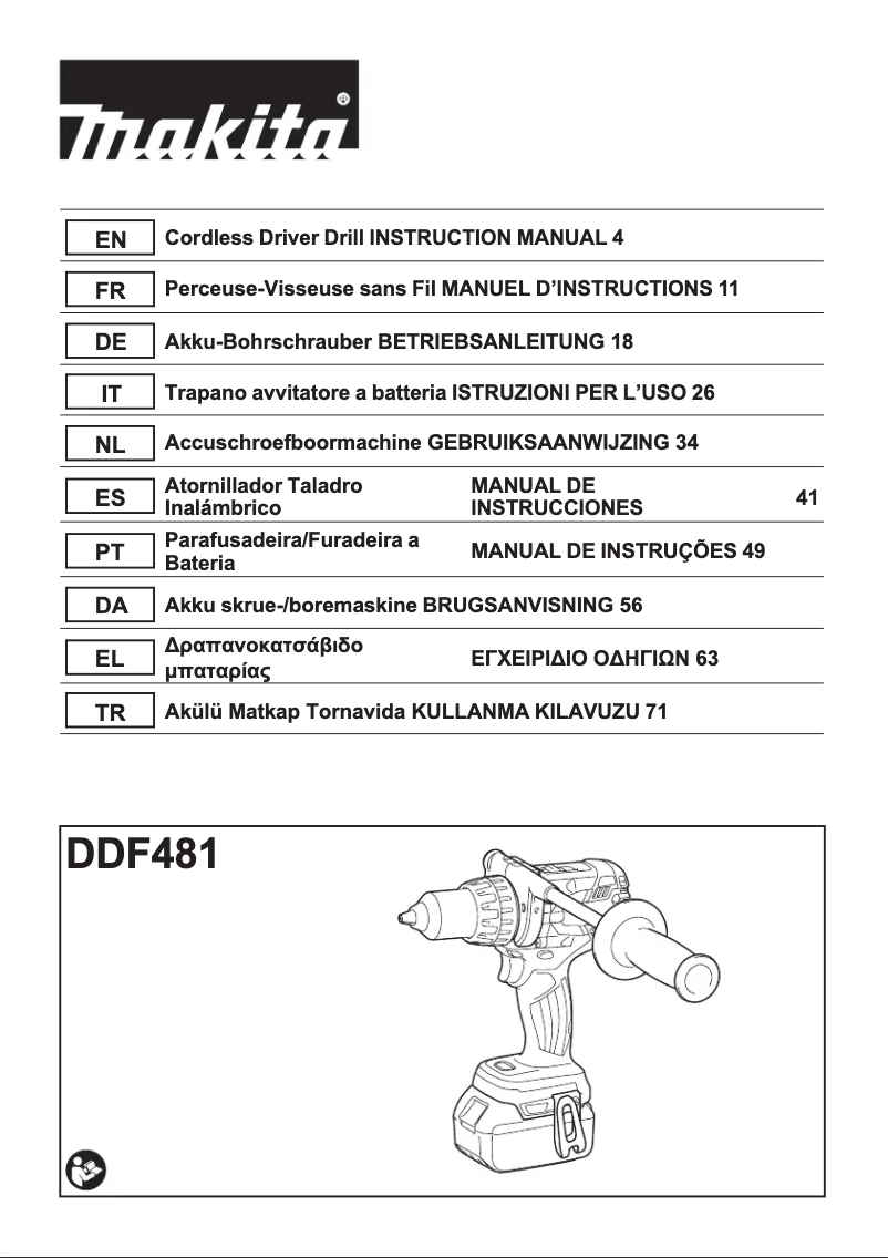 Page 1 de la notice Fiche technique Makita DDF481RMJ