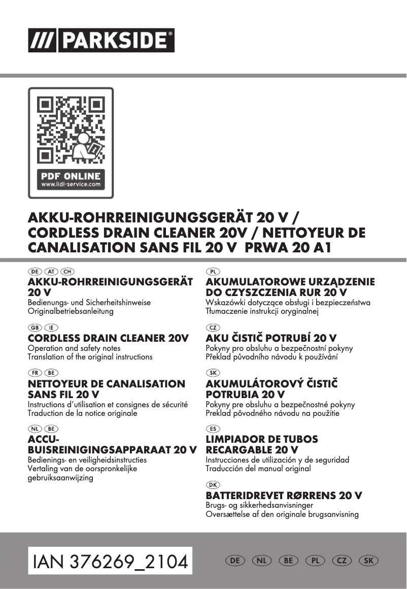 Page 1 de la notice Manuel utilisateur Parkside PRWA 20 A1