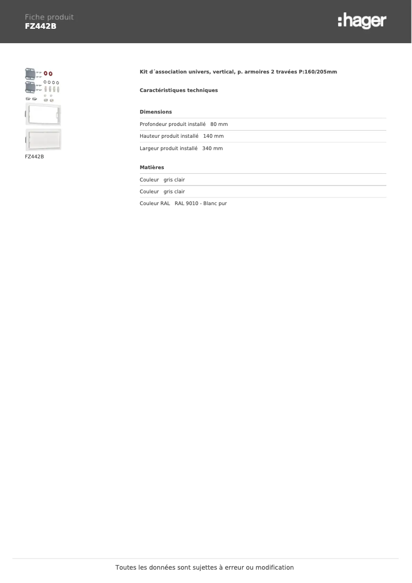 Page 1 de la notice Fiche technique Hager FZ442B