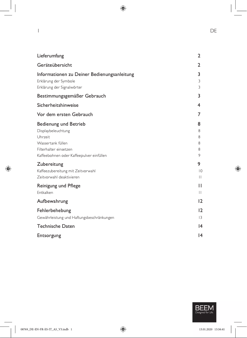 Page 1 de la notice Manuel utilisateur BEEM Grind & Brew 2 Go