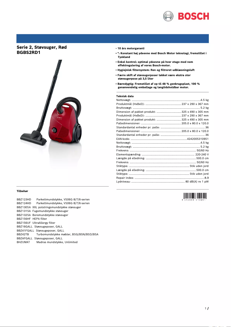 Page 1 of the manual Brochure Bosch BGBS2RD1