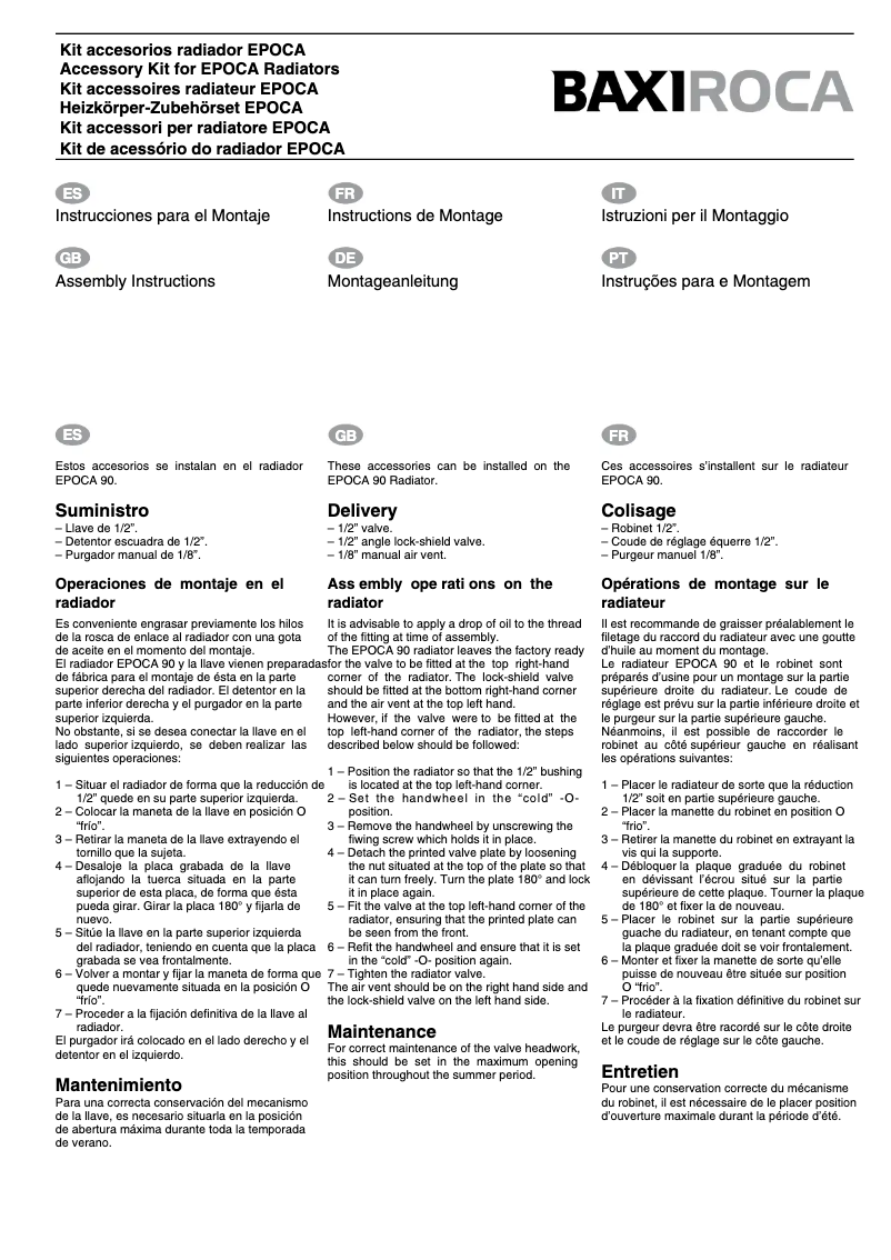 Page 1 de la notice Manuel utilisateur Baxi EPOCA