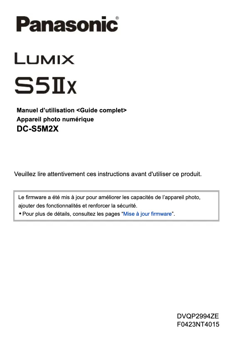 Page 1 de la notice Manuel utilisateur Panasonic Lumix S5 IIX