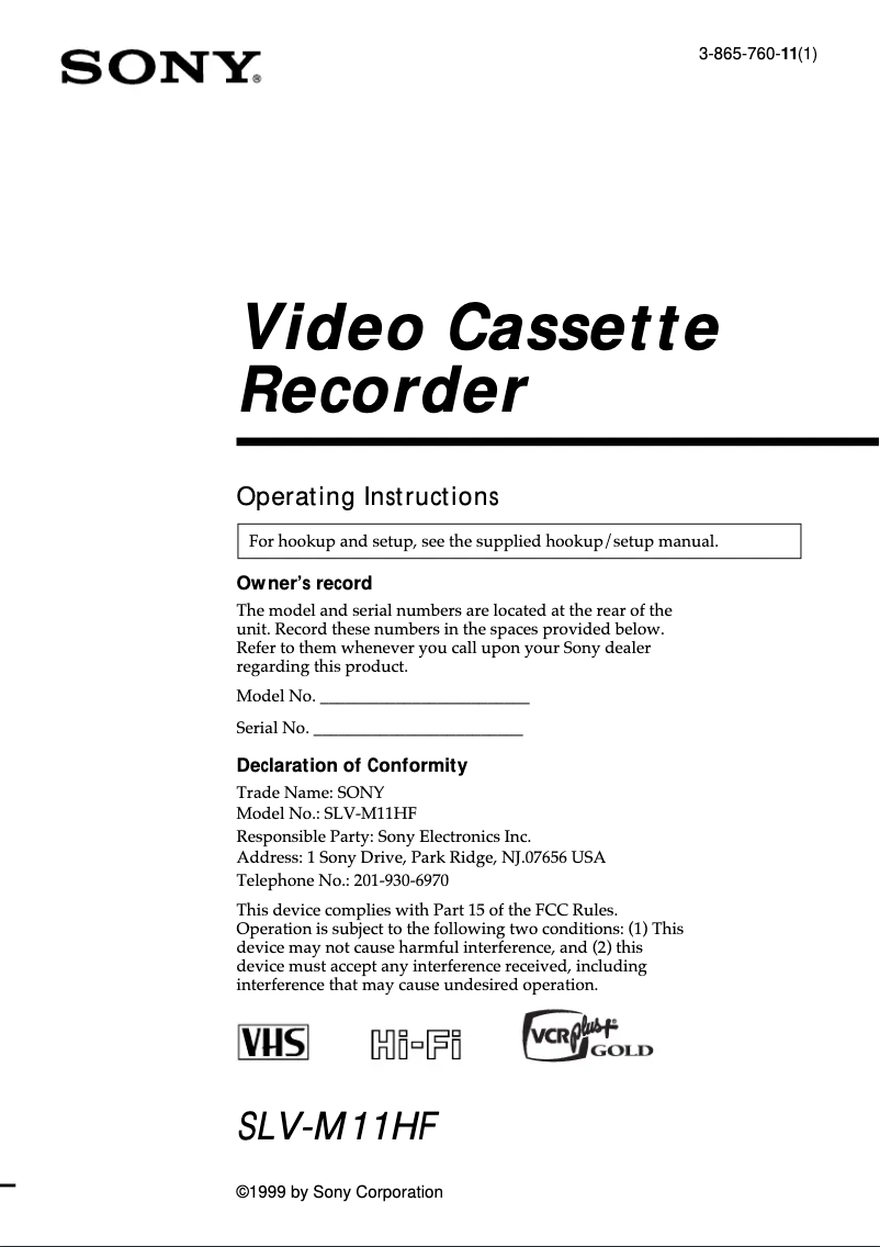 Page 1 de la notice Manuel utilisateur Sony SLV-M11HF