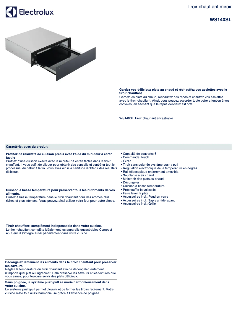 Page 1 de la notice Fiche technique Electrolux WS140SL