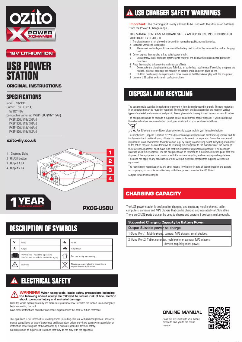 Page 1 de la notice Manuel utilisateur Ozito PXCG-USBU