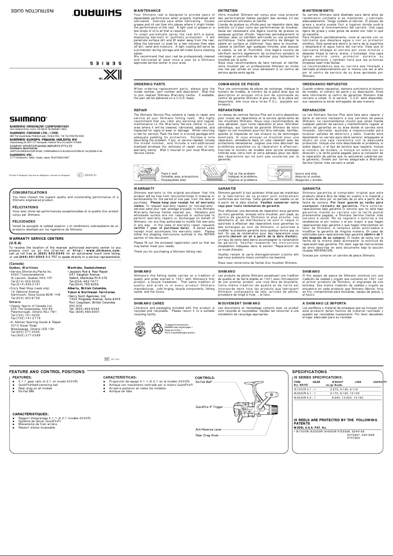 Page 1 de la notice Manuel utilisateur Shimano IX 1000R