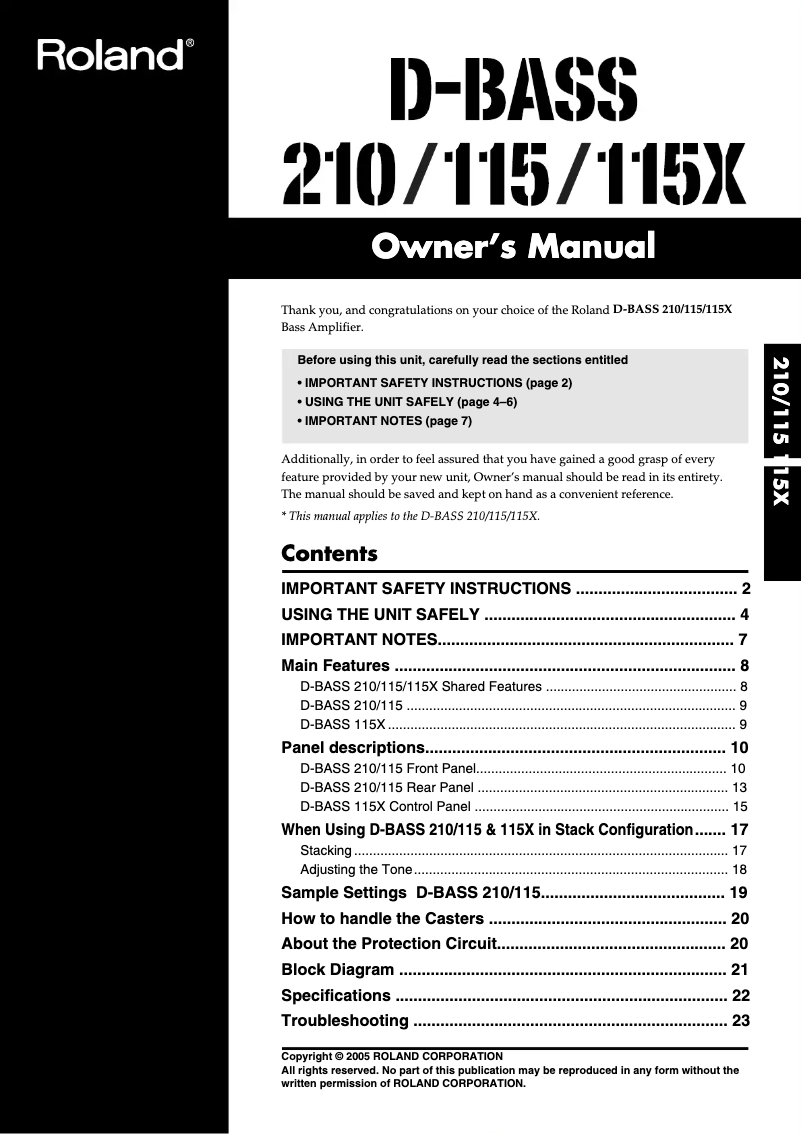 Page 1 de la notice Manuel utilisateur Roland D-Bass 115