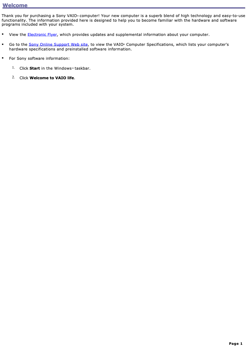 Page 1 de la notice Manuel utilisateur Sony Vaio PCV-RZ50CG