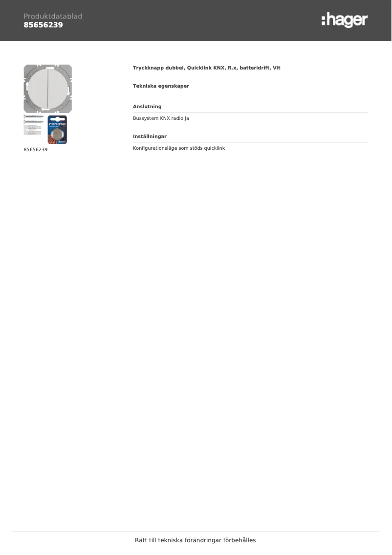 Page 1 de la notice Fiche technique Hager 85656239