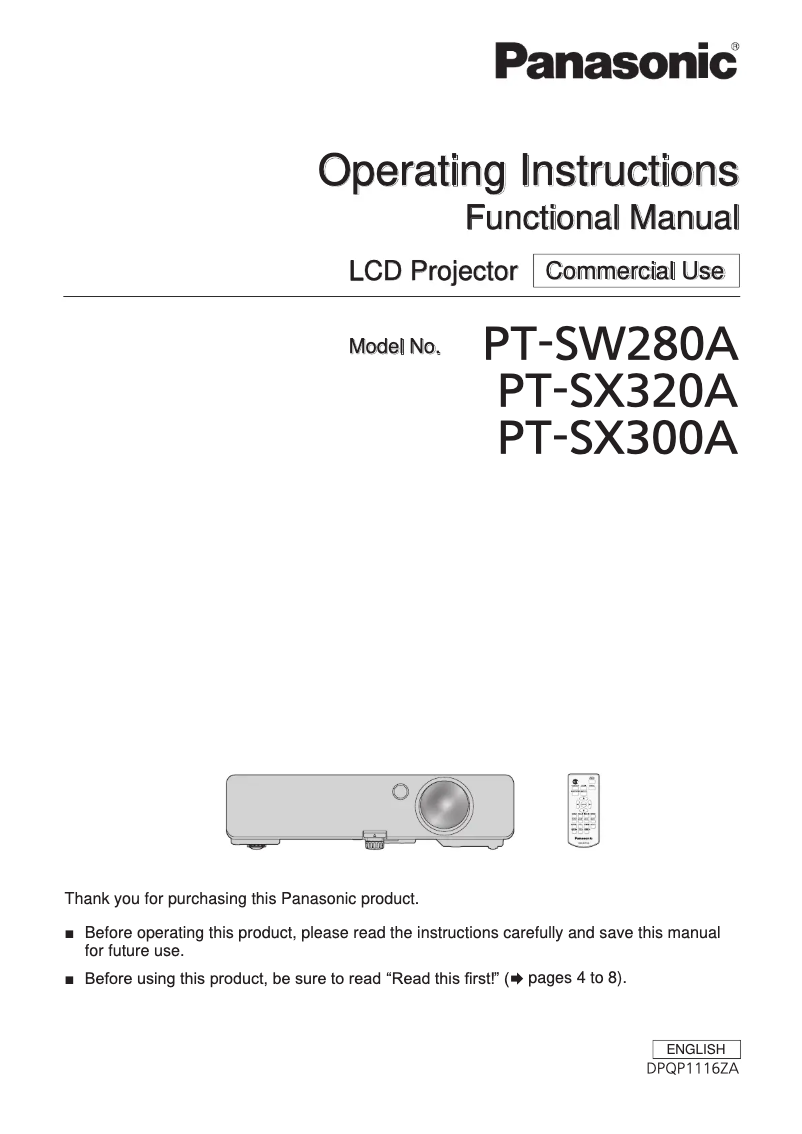 Page 1 of the manual User Manual Panasonic PT-SW280A