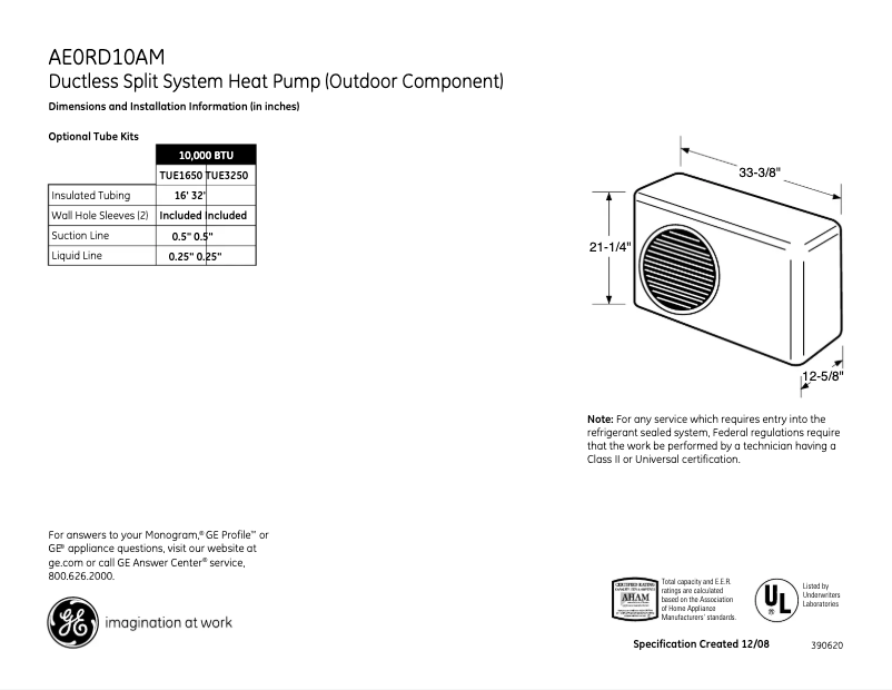 Página 1 del manual Ficha técnica GE AE0RD10AM